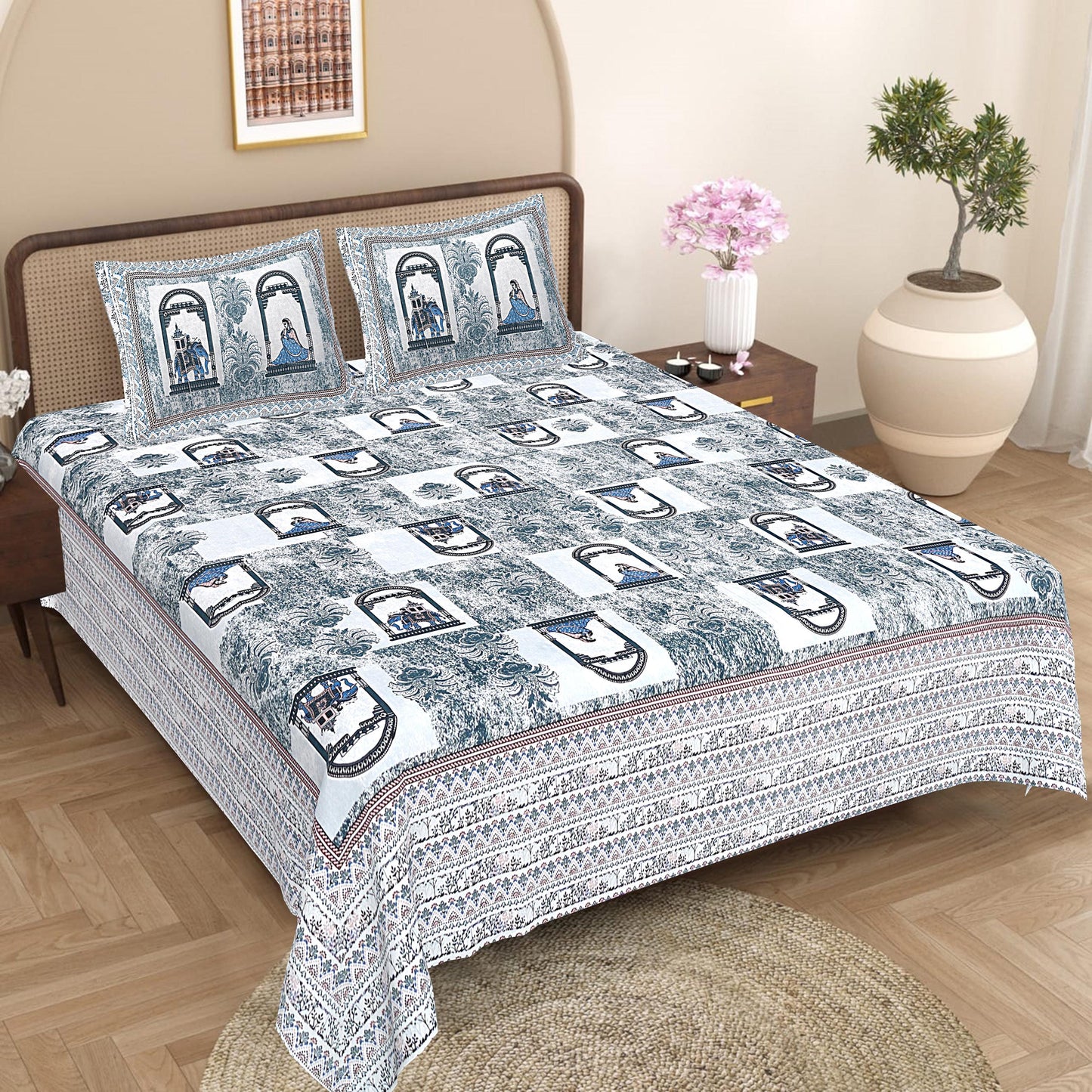Jaipuri Hand Block Print Cotton Double Bedsheet Set, Rajasthani Zipper Pillow Covers