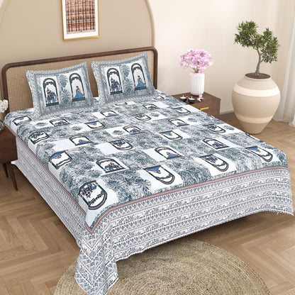 Jaipuri Hand Block Print Cotton Double Bedsheet Set, Rajasthani Zipper Pillow Covers
