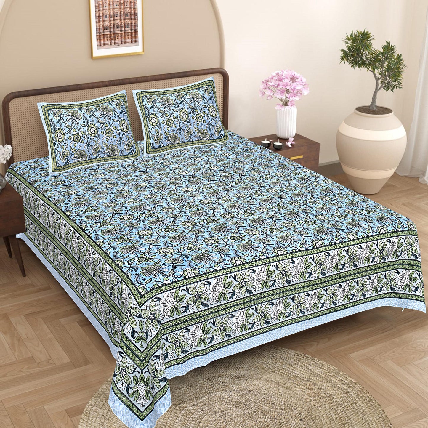 Rajasthani Hand Block Printed Cotton Bedsheet Set, Floral Indian Bedding (Double Bed)