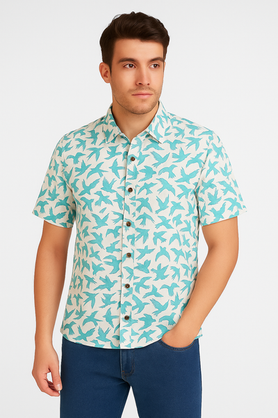 Men's Aqua Blue Bird Print Cotton Half Sleeve Casual Shirt (SHKN1075)