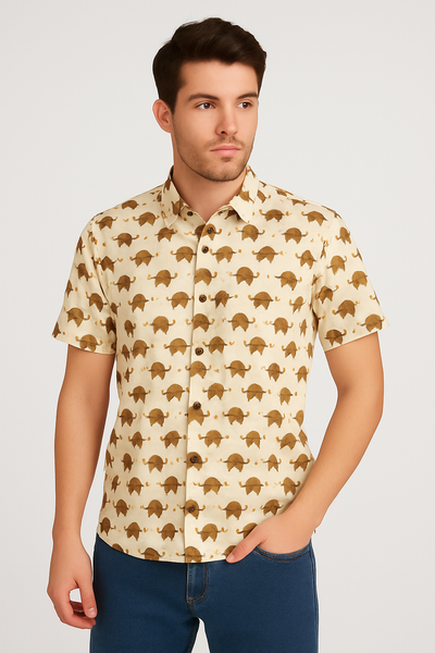 Men's Beige Half Sleeve Shirt with Brown Elephant Print (SHKN1077)