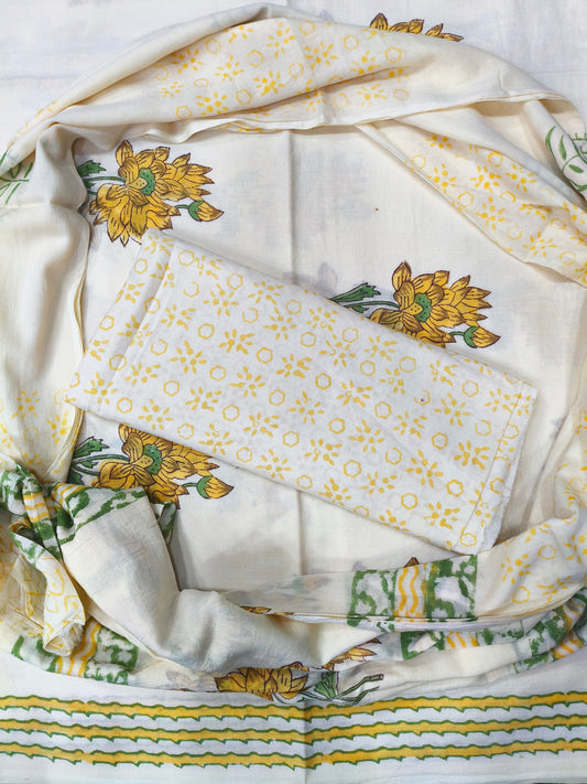 Pavera Floral Print Hand Block Cotton Suit with Mulmul Dupatta