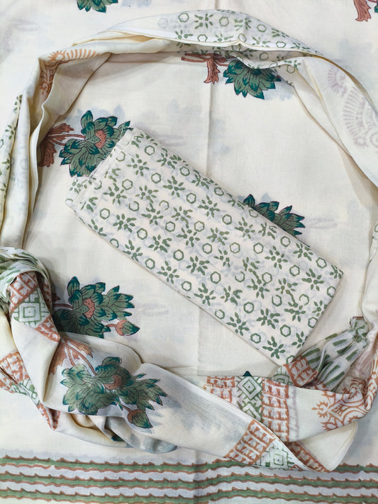 Himani Floral Print Hand Block Cotton Suit with Mulmul Dupatta