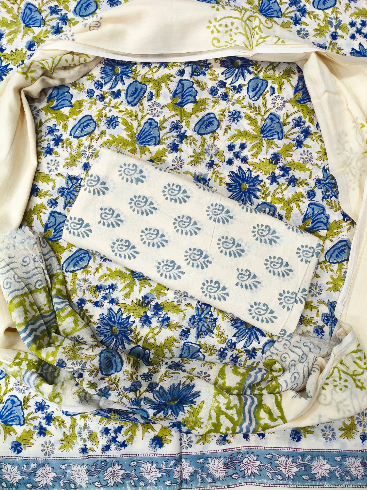 Aura Floral Print Hand Block Cotton Suit with Mulmul Dupatta