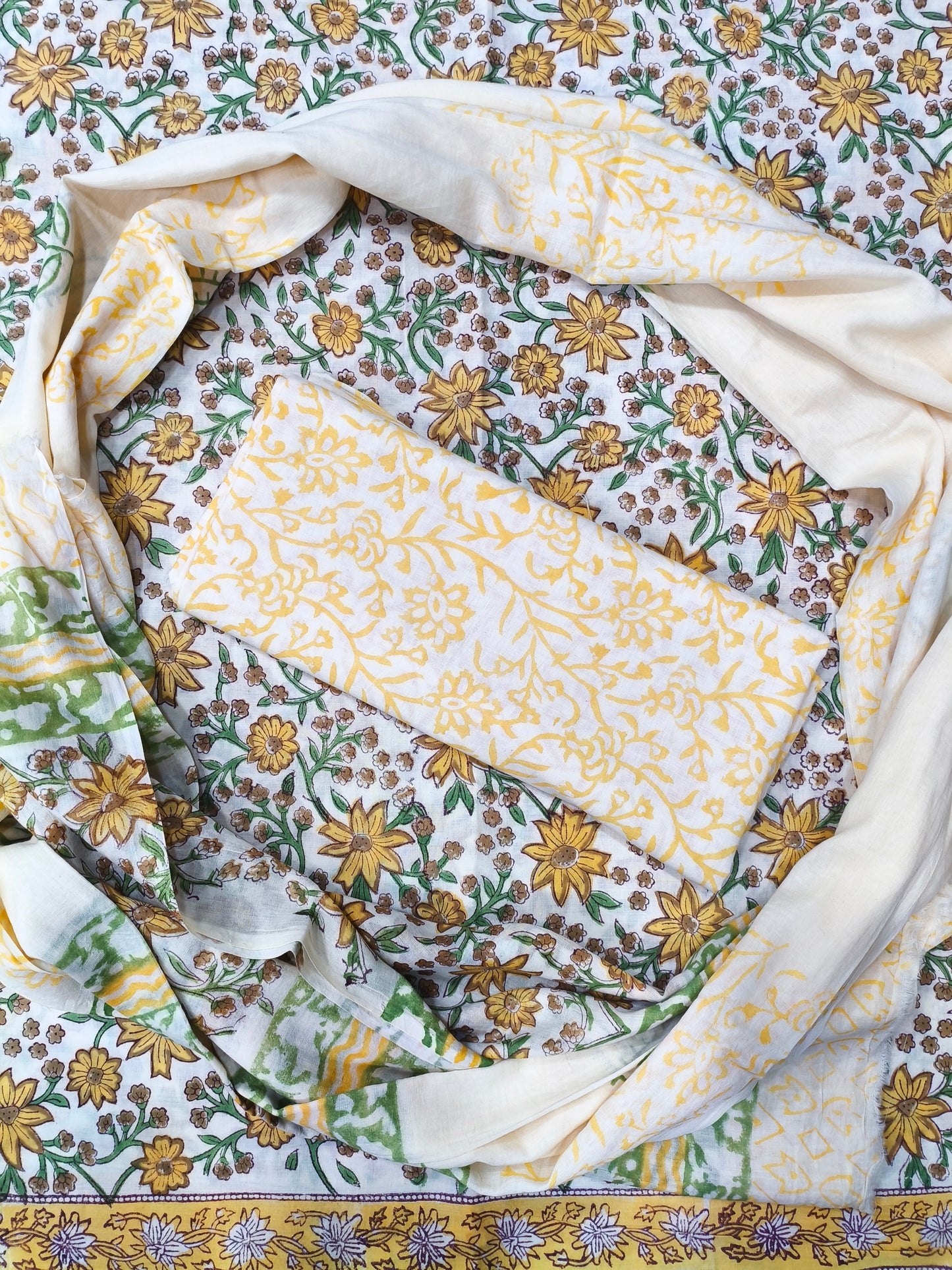 Vitara Floral Print Hand Block Cotton Suit with Mulmul Dupatta