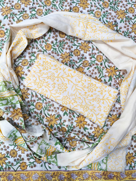 Vitara Floral Print Hand Block Cotton Suit with Mulmul Dupatta