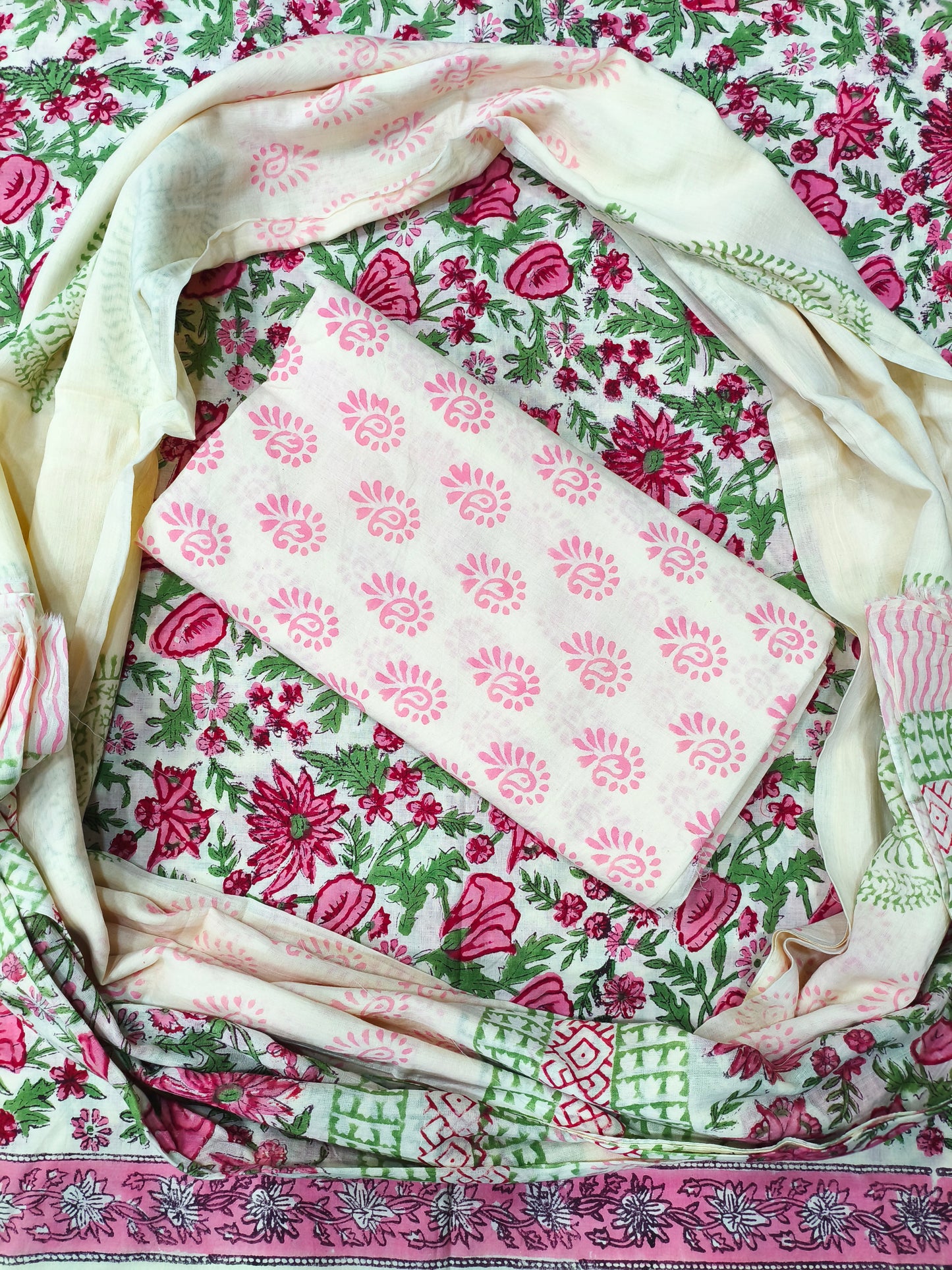Vista Floral Print Hand Block Cotton Suit with Mulmul Dupatta