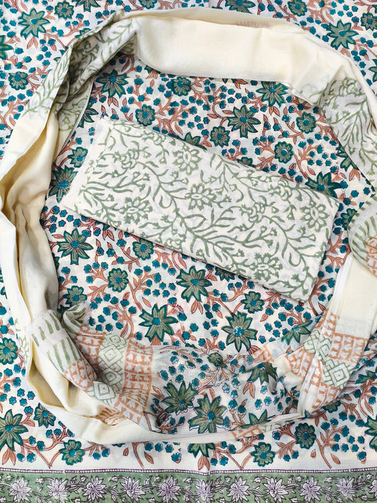 Gemini Floral Print Hand Block Cotton Suit with Mulmul Dupatta