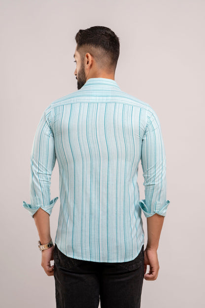Men Light Blue Striped Printed Full Sleeves Casual Cotton Shirt-FrionKandy