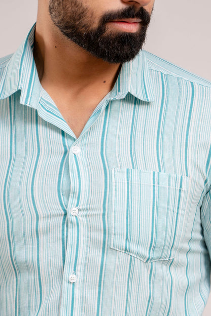 Men Light Blue Striped Printed Full Sleeves Casual Cotton Shirt-FrionKandy