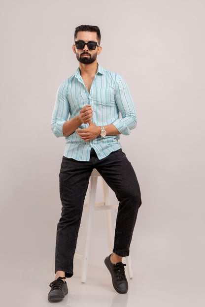 Men Light Blue Striped Printed Full Sleeves Casual Cotton Shirt-FrionKandy