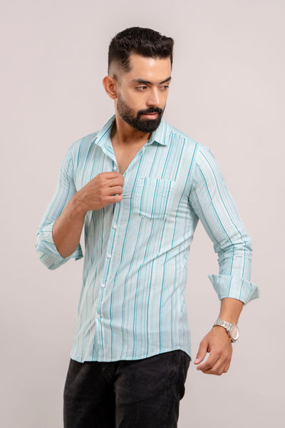 Men Turquoise Blue Striped Printed Full Sleeves Casual Cotton Shirt