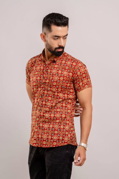 Men Red Ethnic Printed Short Sleeves Casual Cotton Shirt