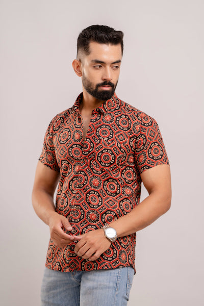 Men Black & Maroon Ethnic Printed Short Sleeves Casual Cotton Shirt