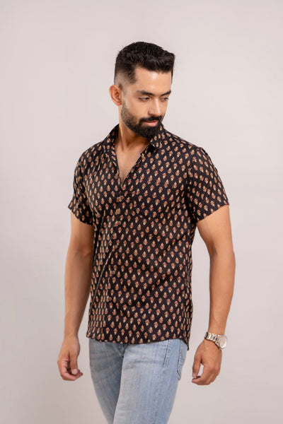 Men Black Ethnic Printed Short Sleeves Casual Cotton Shirt