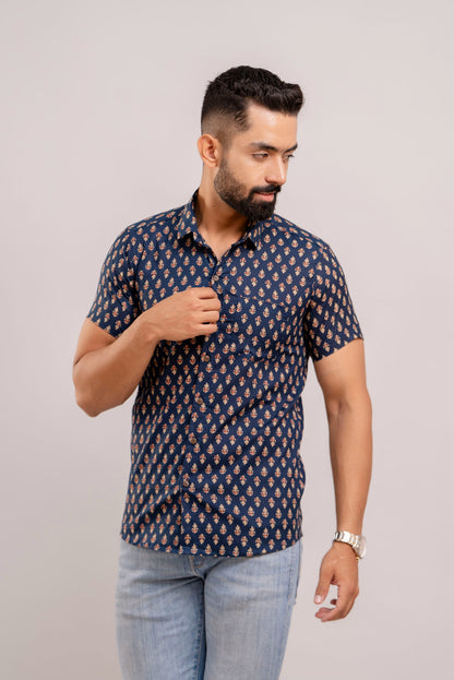 Men Navy Blue Ethnic Printed Short Sleeves Casual Cotton Shirt-FrionKandy