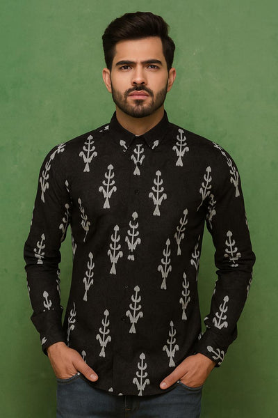 Monochrome Tribal Motif Men's Half Sleeve Shirt (SHKN1089)