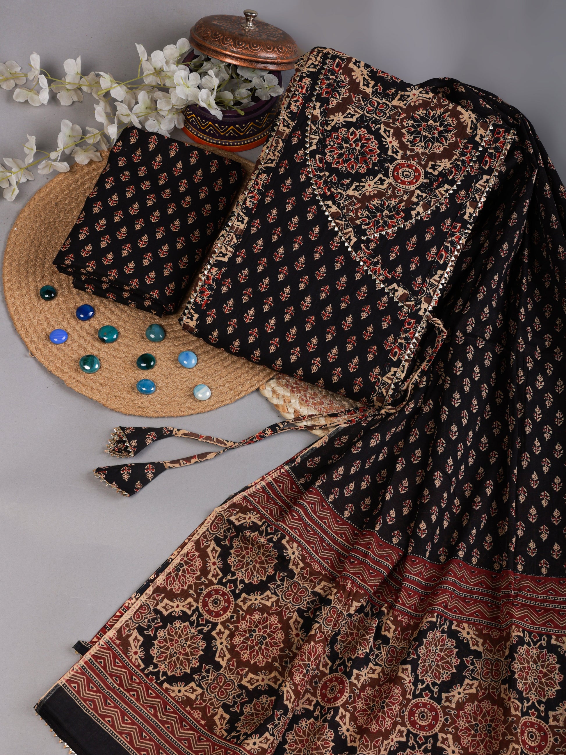 Black Gota Work Angrakha Style Pure Cotton Unstitched Dress Material ( Frionkandy Black Gota Work Angrakha Style Pure Cotton Unstitched Dress Material ( Frionkandy