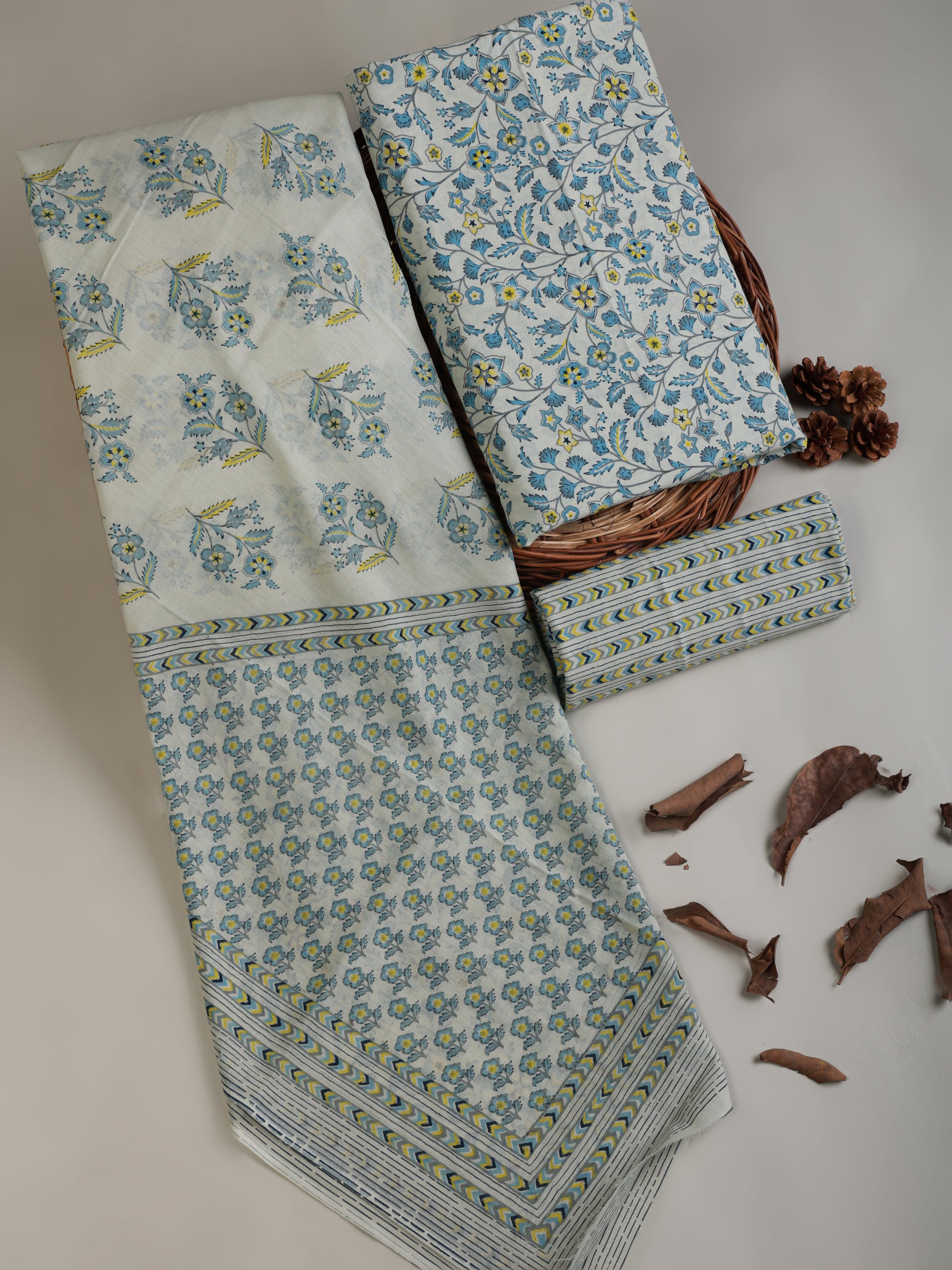 pure cotton dress material online Blue Floral Printed With Handwork Pure Cotton Dress Material
