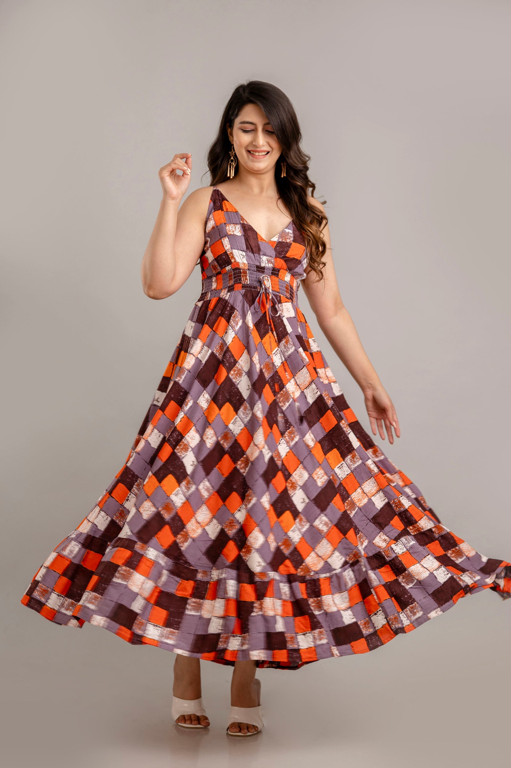 Multi Geometric Printed Sleeveless Fit and Flare Maxi Dress - SHKUP136 Frionkandy Multi Geometric Printed Sleeveless Fit and Flare Maxi Dress - SHKUP136 Frionkandy