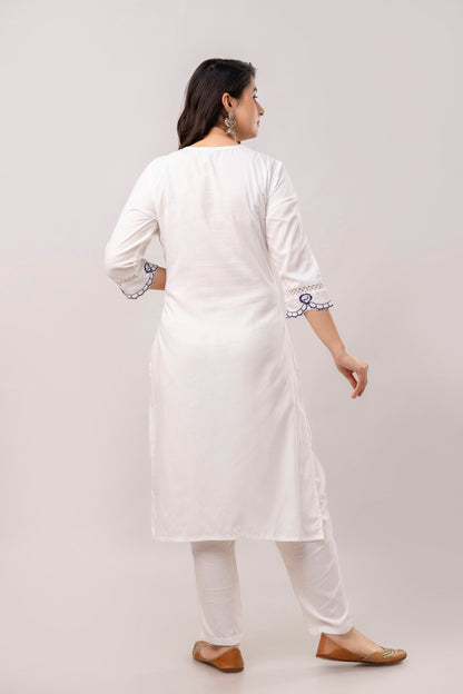 White & Blue Floral Embroidered Rayon Kurta with Trousers & Organza Dupatta-FrionKandy
