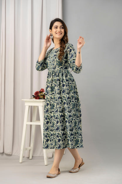 Sea Green Floral Print Flared Maternity Maxi Dress