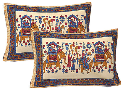 Blue & Brown Ethnic Motifs 240 TC Cotton 1 Super King Bedsheet with 2 Pillow Covers SHKV1073