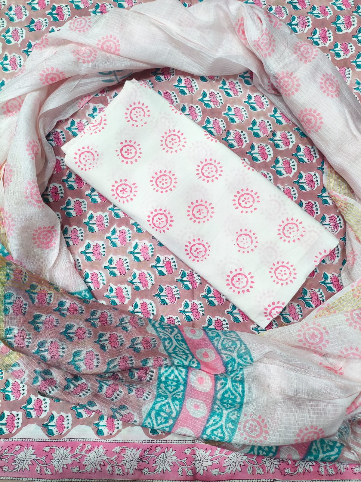 Verlika Boota Print Hand Block Cotton Suit with Kota Doriya Dupatta