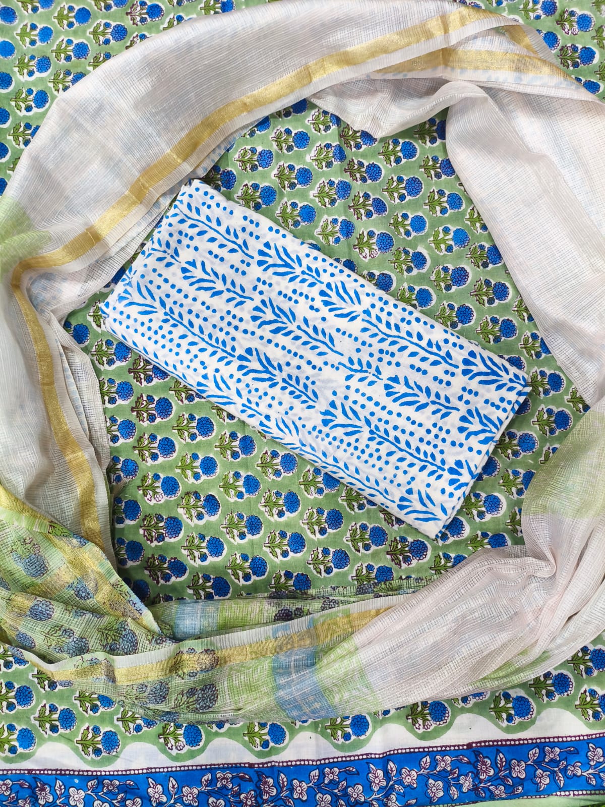 Bebuna Print Hand Block Cotton Suit with Kota Doriya Dupatta