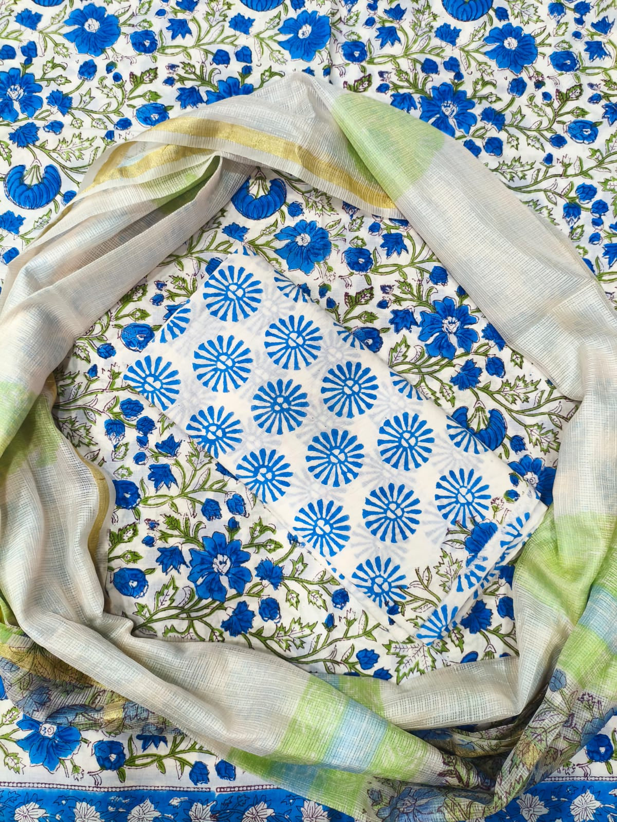 Jaipuri Floral Print Hand Block Cotton Suit with Kota Doriya Dupatta