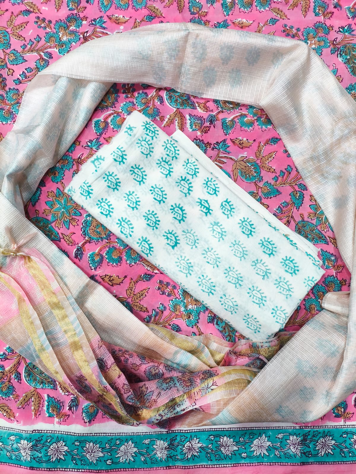 Boota Jaal Print Hand Block Cotton Suit with Kota Doriya Dupatta
