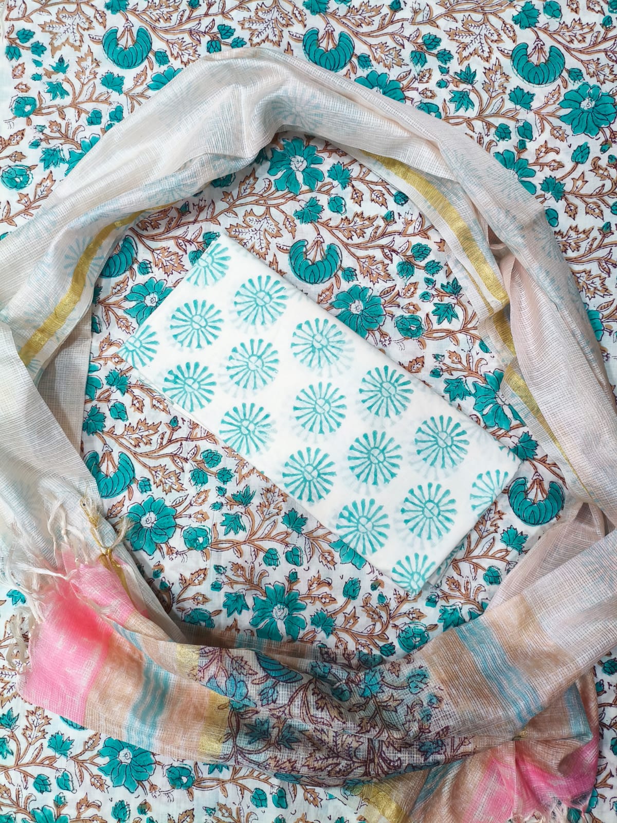 Boota Jaal Print Hand Block Cotton Suit with Kota Doriya Dupatta