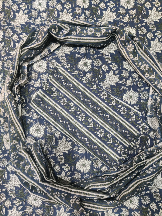 Blue And Green Printed Pure Cotton Unstitched Dress Material (SHKS1168)