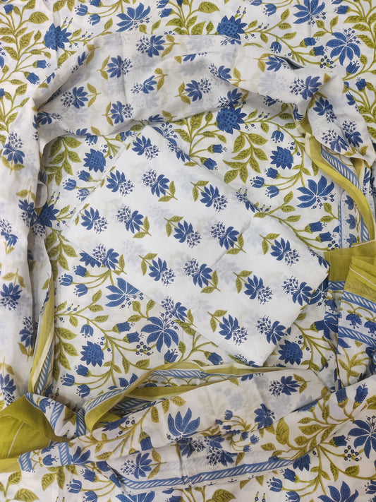 White & Green Printed Pure Cotton Unstitched Dress Material (SHKS1173)