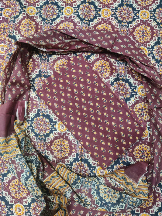Red And Brown Printed Pure Cotton Unstitched Dress Material (SHKS1184)