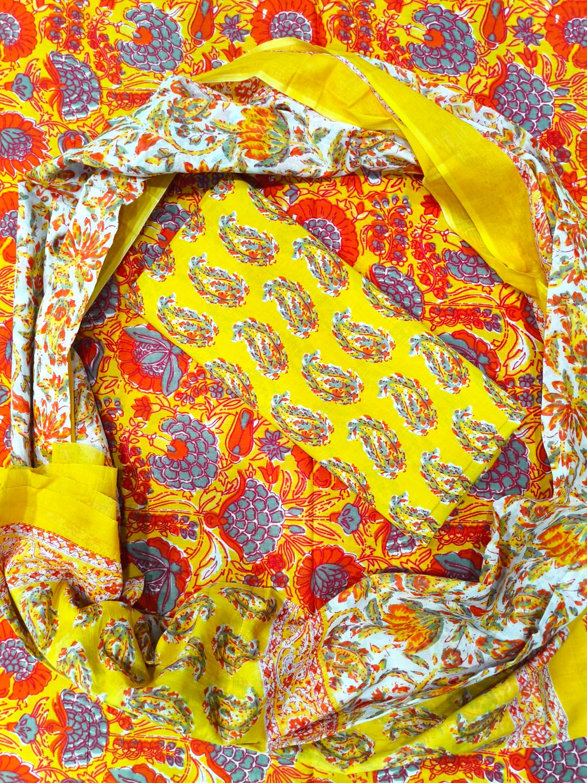 White & Yellow Printed Pure Cotton Unstitched Dress Material (SHKS1183)