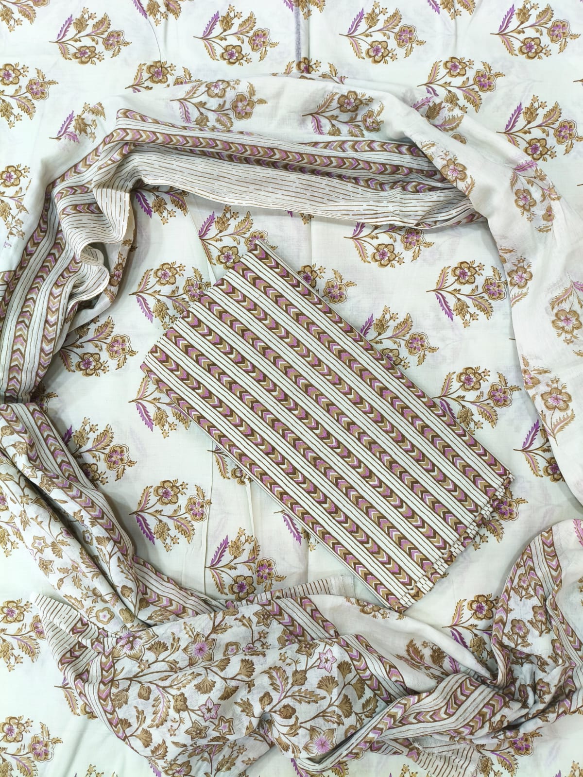 Off White & Yellow Printed Pure Cotton Unstitched Dress Material (SHKS1175)