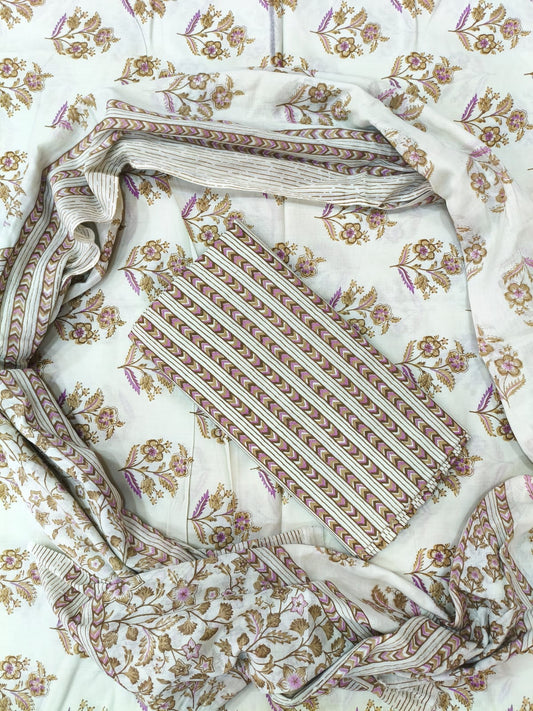 Off White & Yellow Printed Pure Cotton Unstitched Dress Material (SHKS1175)