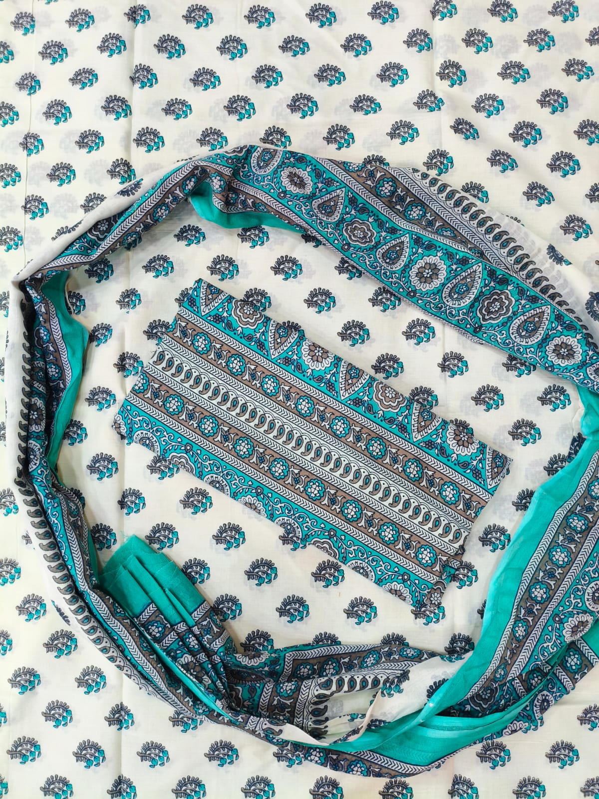 Teal Blue Printed Pure Cotton Unstitched Dress Material (SHKS1177)