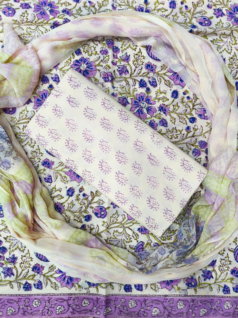 Devine Jaal Print Hand Block Cotton Suit with Shiffon Dupatta (HBS0003)