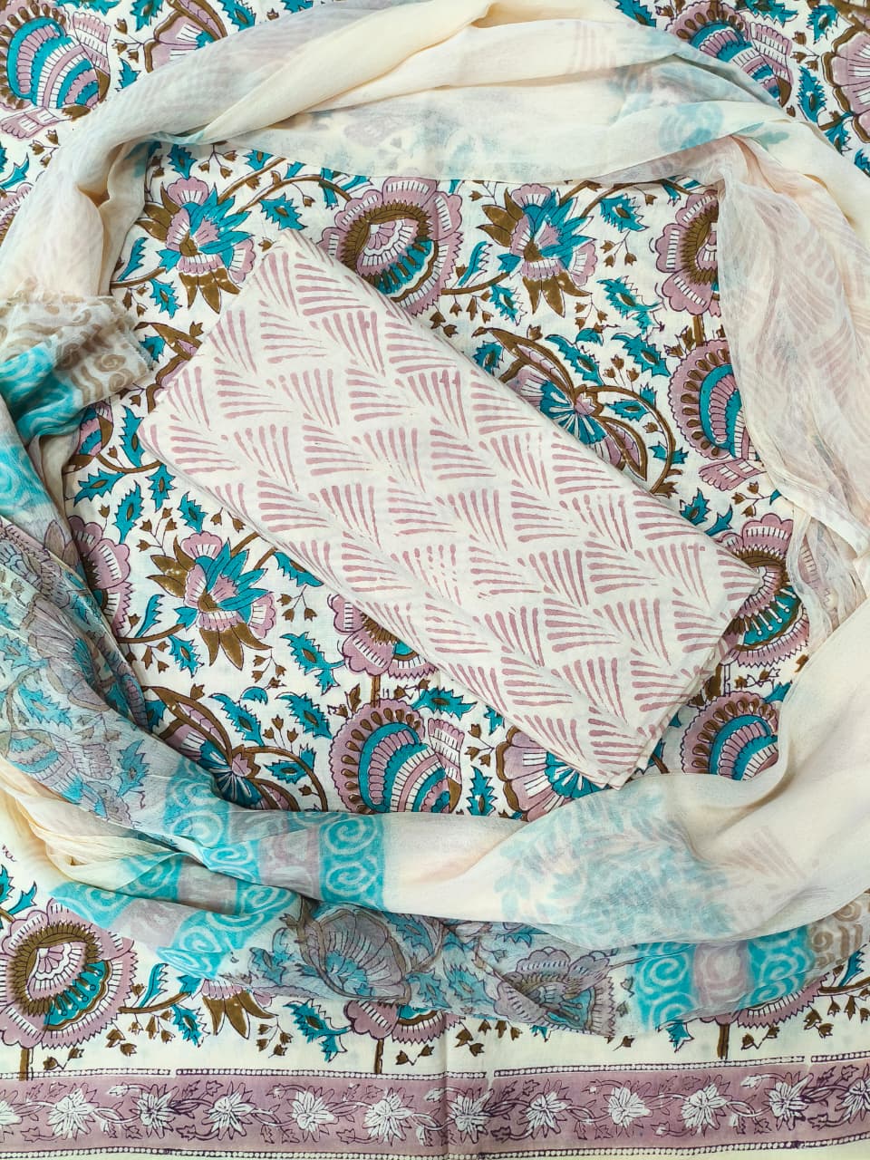 Royal Floral Jaal Print Hand Block Cotton Suit with Shiffon Dupatta (HBS0013)