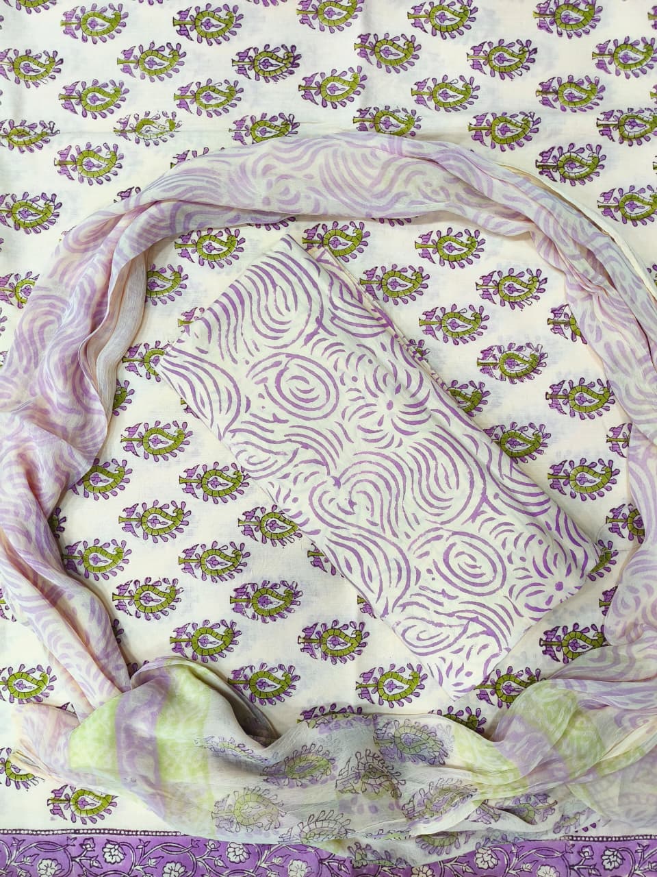 Royal Floral Buta Print Hand Block Cotton Suit with Shiffon Dupatta (HBS0015)