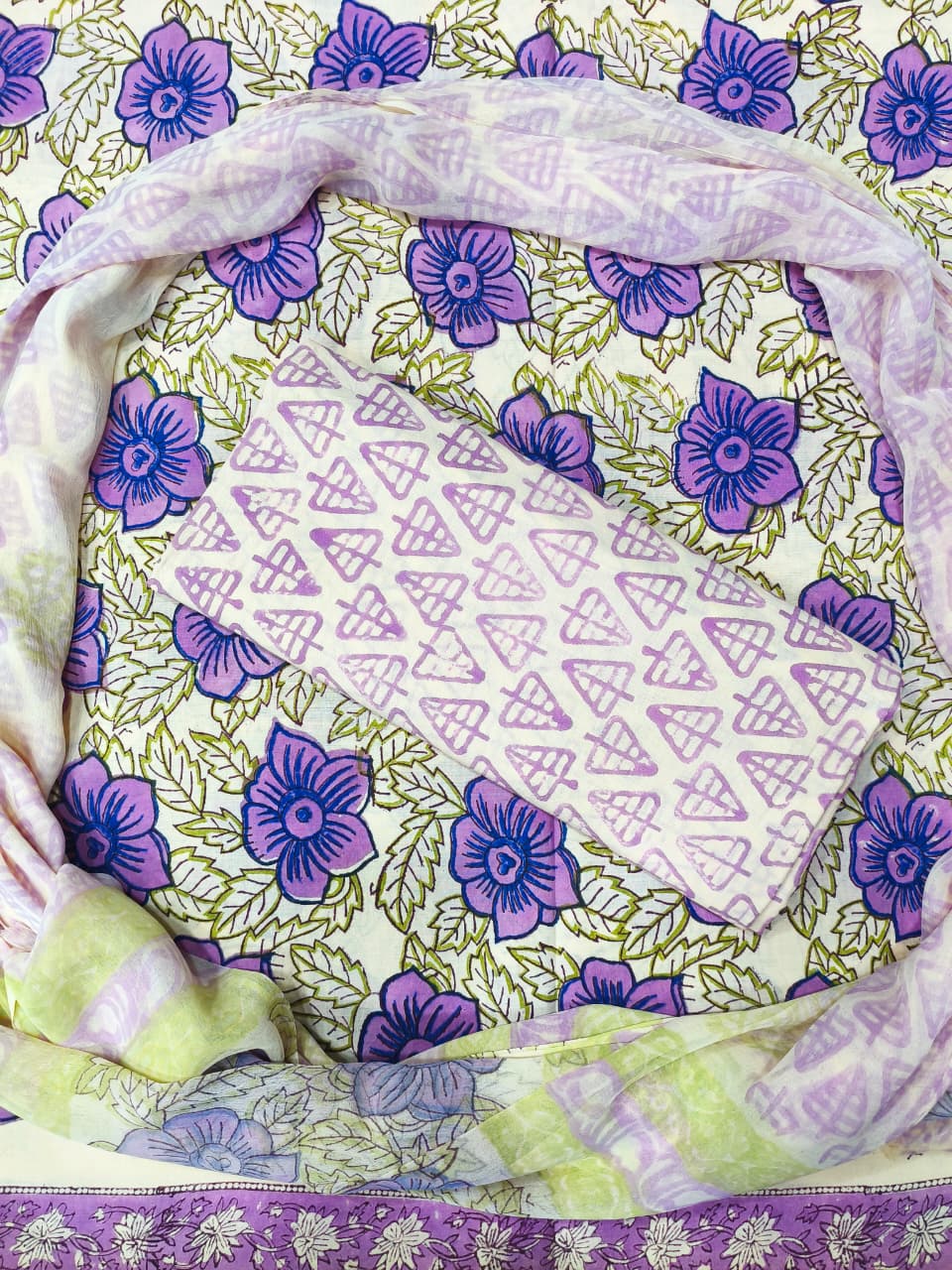 Royal Blue Floral Print Hand Block Cotton Suit with Shiffon Dupatta (HBS0018)