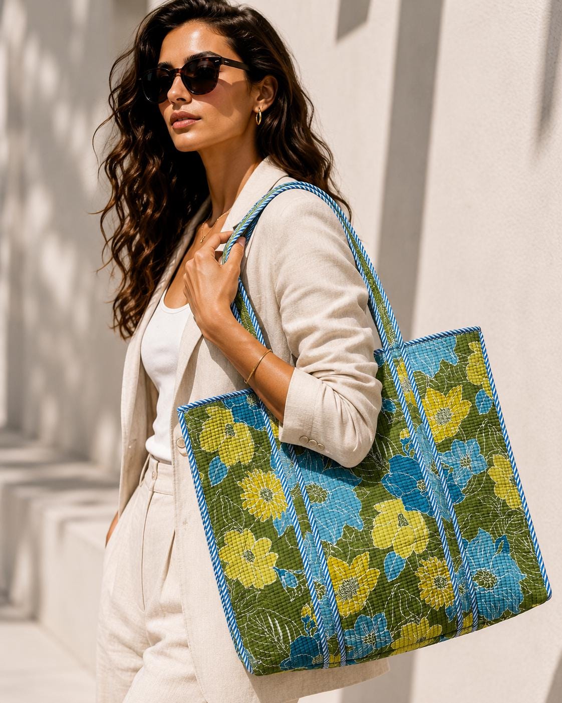 Floral Quilted Cotton Tote, Indian Boho Shoulder Bag, Large Everyday Travel Bag