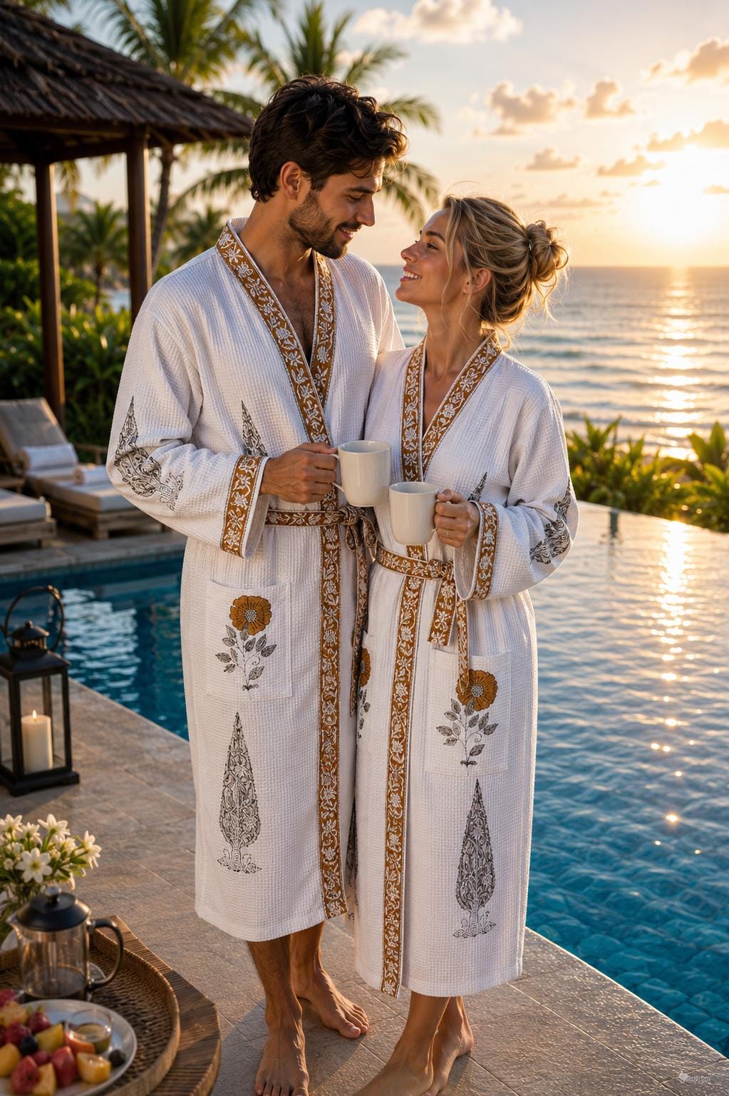 Hand Block Printed Cotton Bathrobe for Couples | His & Hers Waffle Robes | Green Floral Jaipur Handmade Wedding Gift