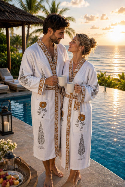 Hand Block Printed Cotton Bathrobe for Couples | His & Hers Waffle Robes | Green Floral Jaipur Handmade Wedding Gift