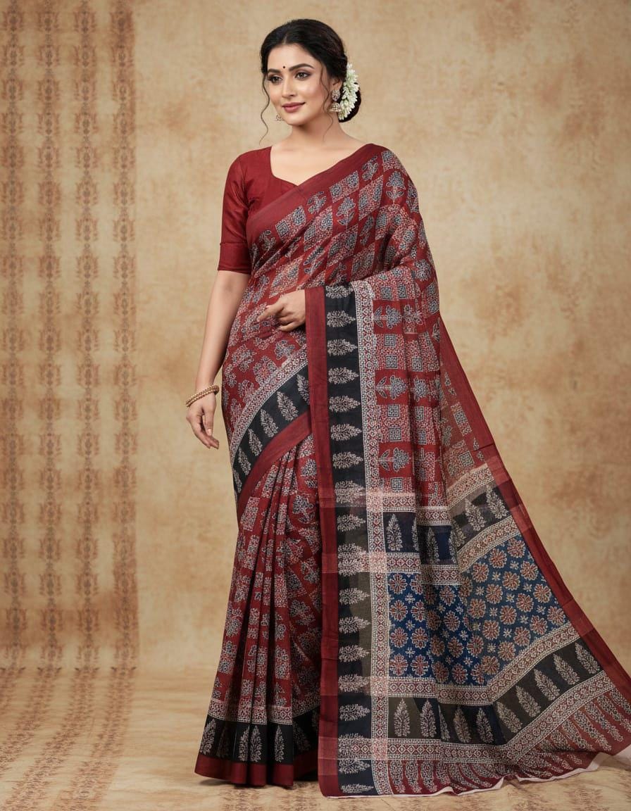 Jaipuri Ajrakh Cotton Saree, Bagru Indigo Print Sari, Traditional Indian Ethnic Wear with Blouse Piece