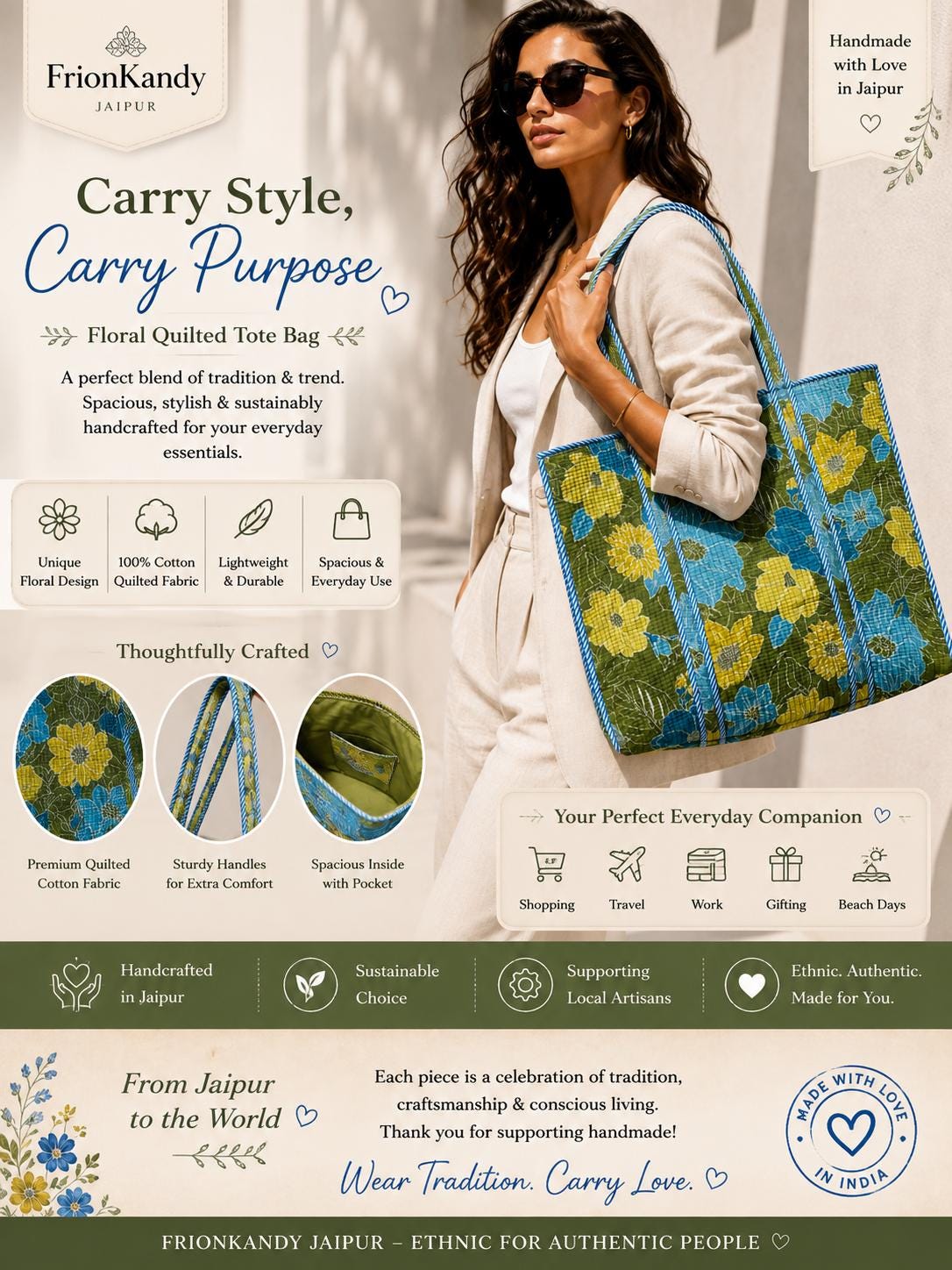 Floral Quilted Cotton Tote, Indian Boho Shoulder Bag, Large Everyday Travel Bag