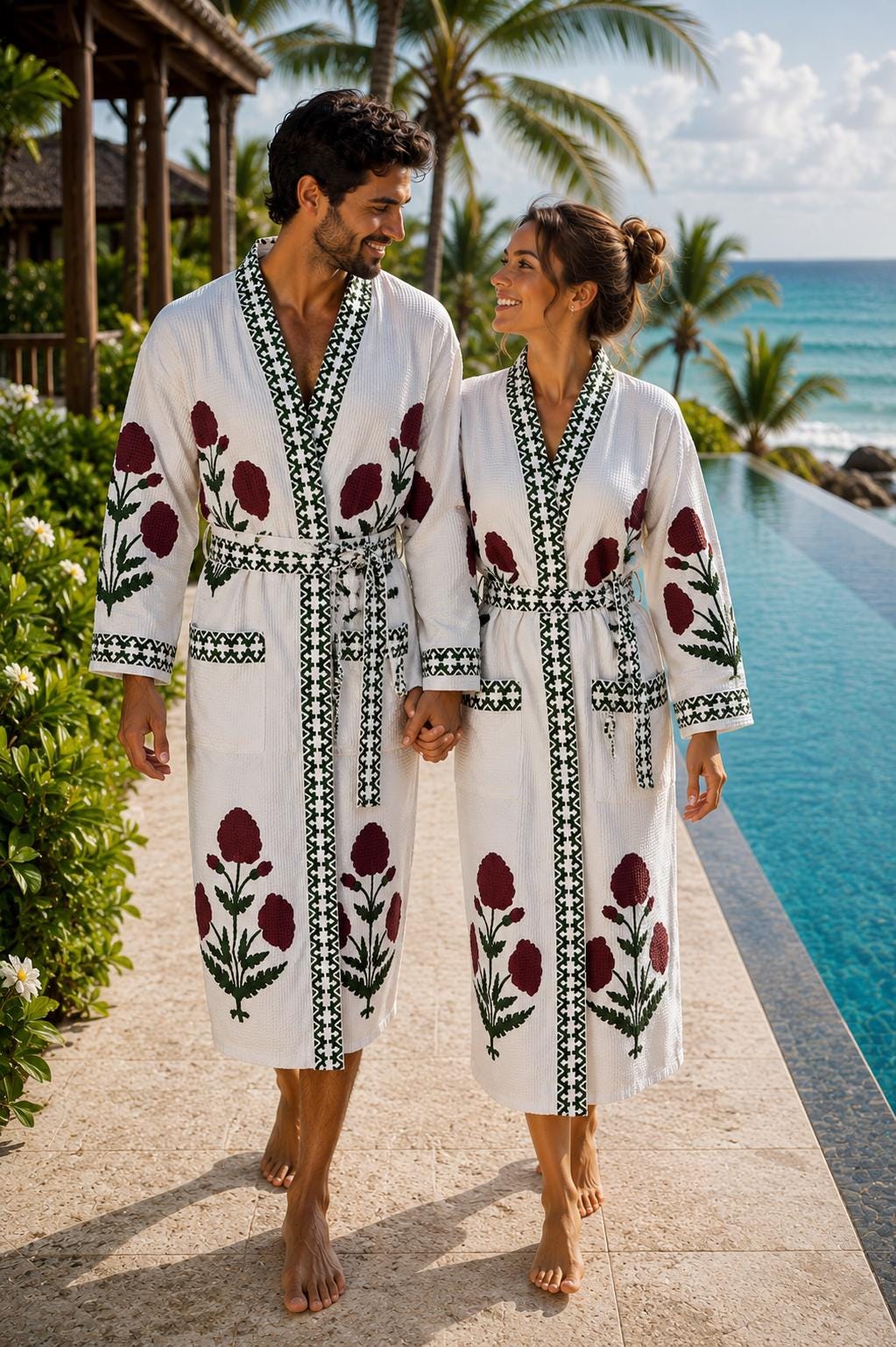 Hand Block Printed Cotton Bathrobe for Couples | His & Hers Waffle Robes | Green Floral Jaipur Handmade Gift