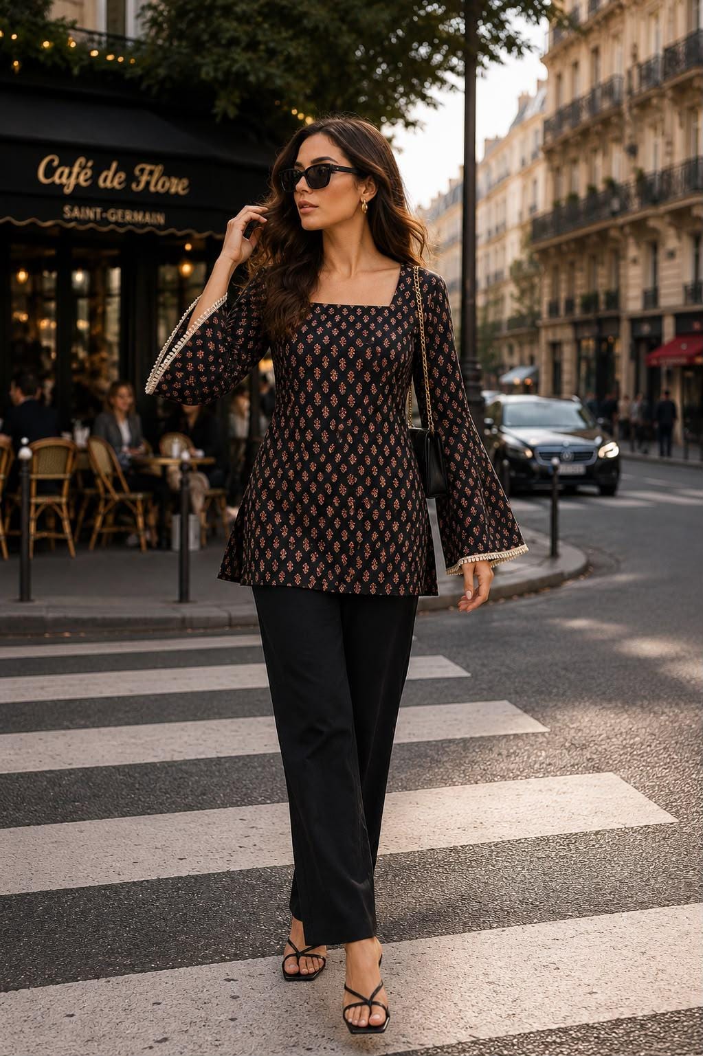 Black Buta Block Print Cotton Kurti | Square Neck Long Sleeve Indian Tunic Top